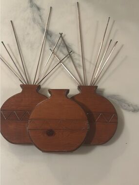 MCM Wooden Triple Vase Wall Sculpture in Warm Brown with Brass Twigs